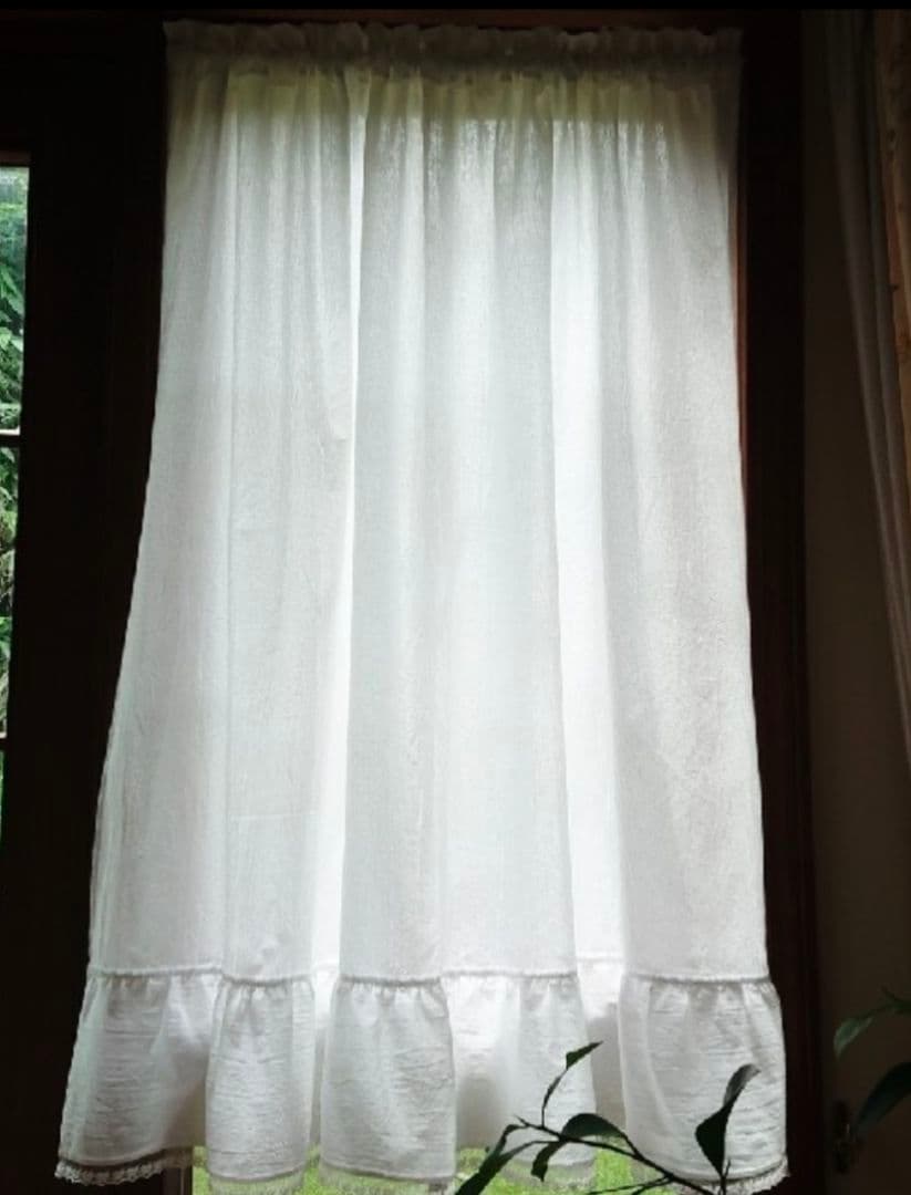 ホワイトコットン♪フリルカフェカーテン♡リボンクリップ付き 薔薇のレース付き