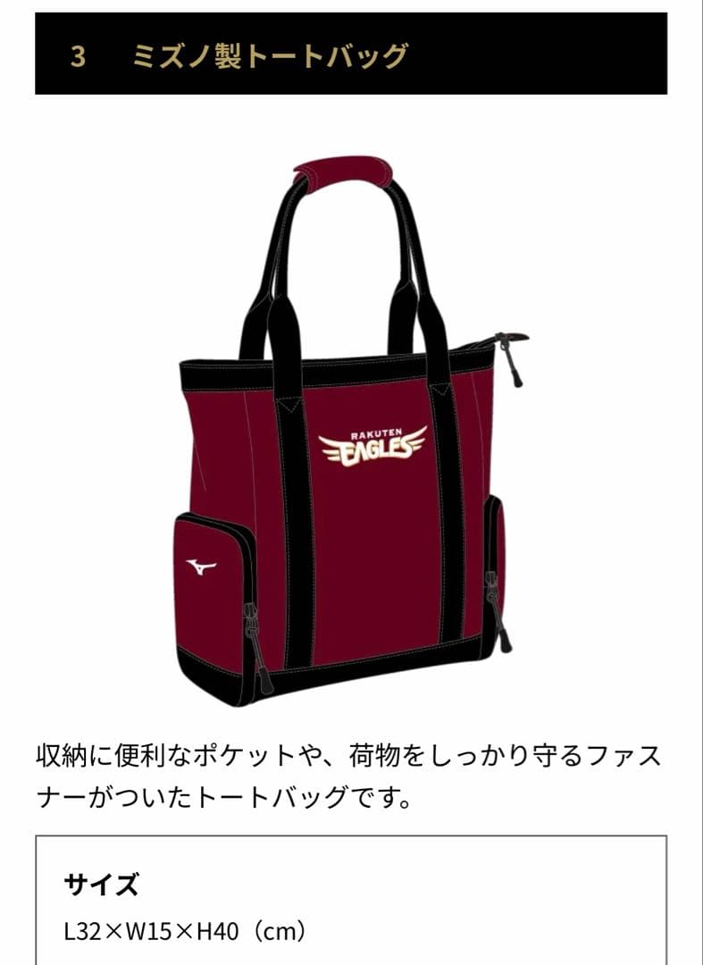 楽天イーグルス　ファンクラブ限定　ミズノ製トートバッグ